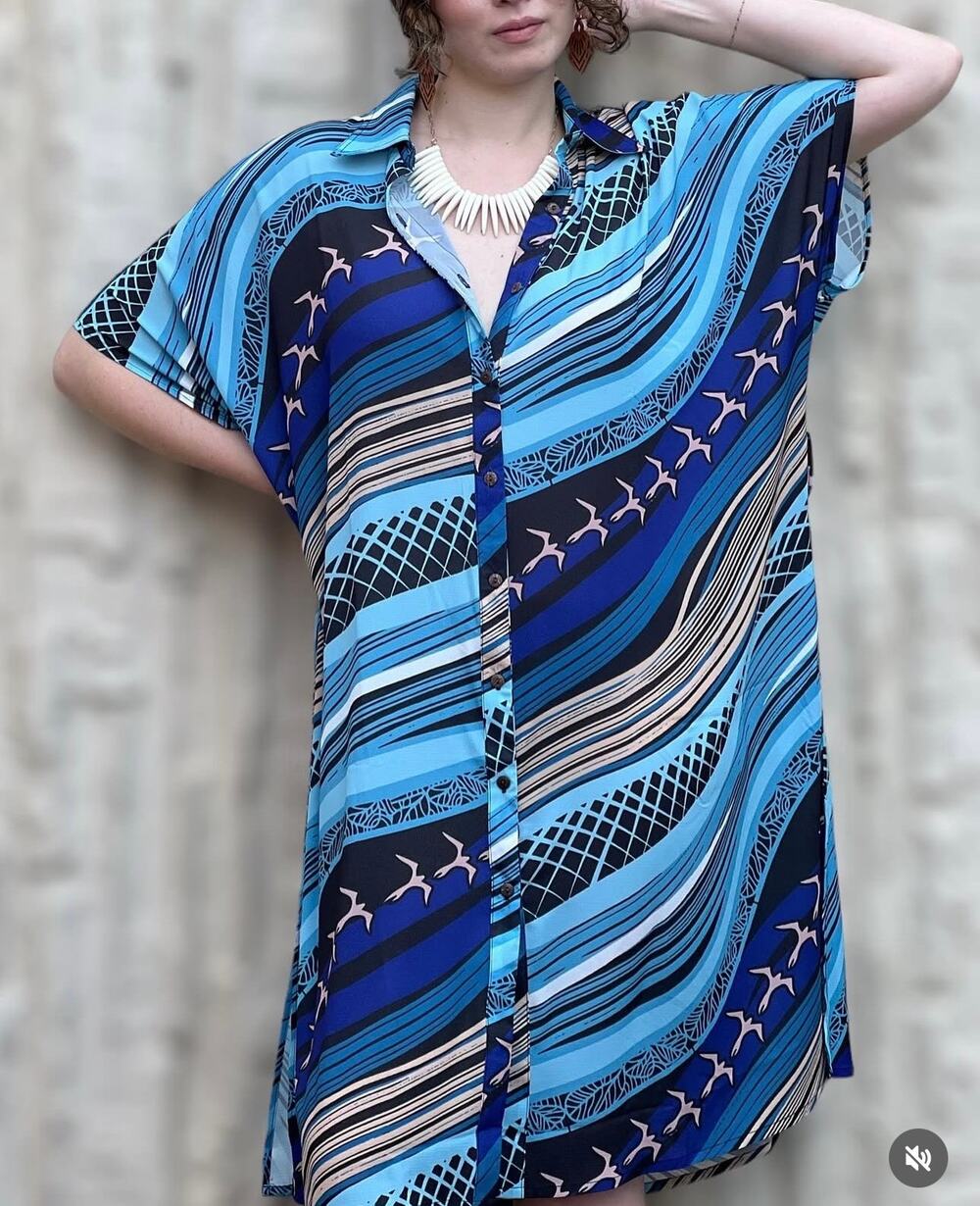 Missing Polynesia Anela DressButton Front Belted Colorful Hawaiian Blue Coverup